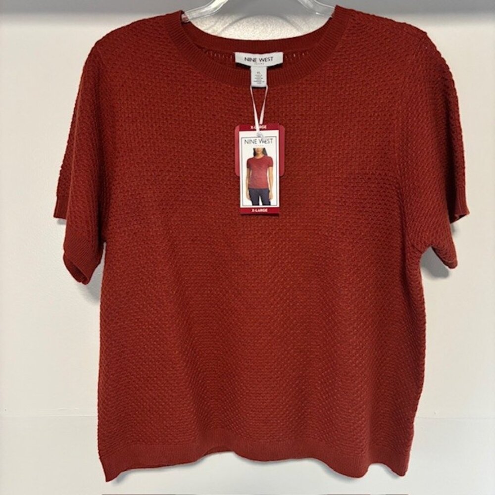 NWT Nine West XL Short Sleeve Red Rust Knit Sweater Textured Contemporary Casual